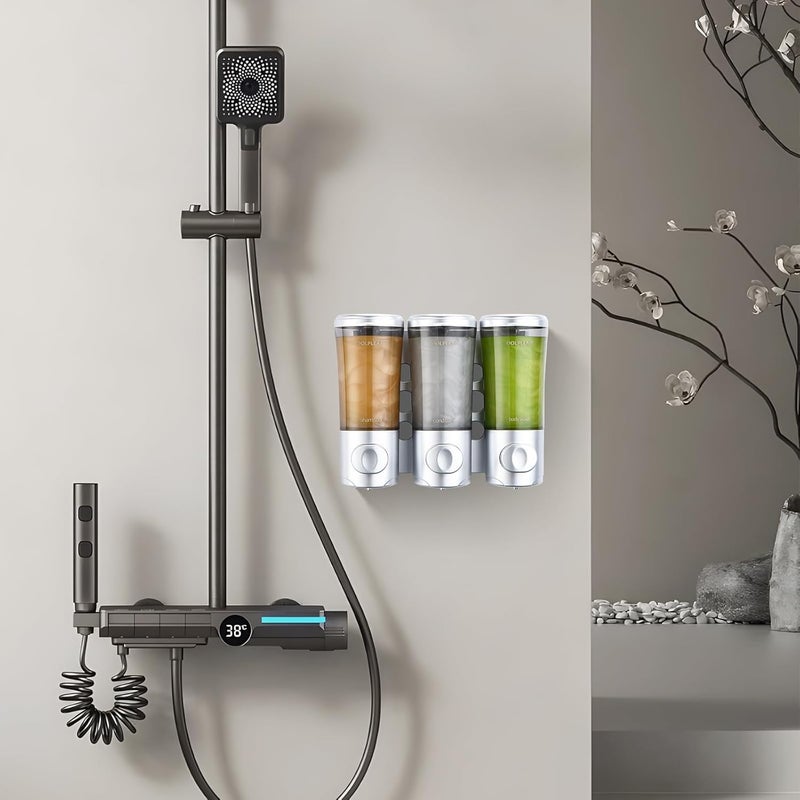 DOLPLEAP Shampoo Conditioner Body Wash Dispenser No Drill Shower Soap Dispenser Wall Mounted Shampoo Dispenser 3 Chamber with Upgrade Pump Head Bathroom Soap Dispenser 450ml/Each Sliver - Image 5